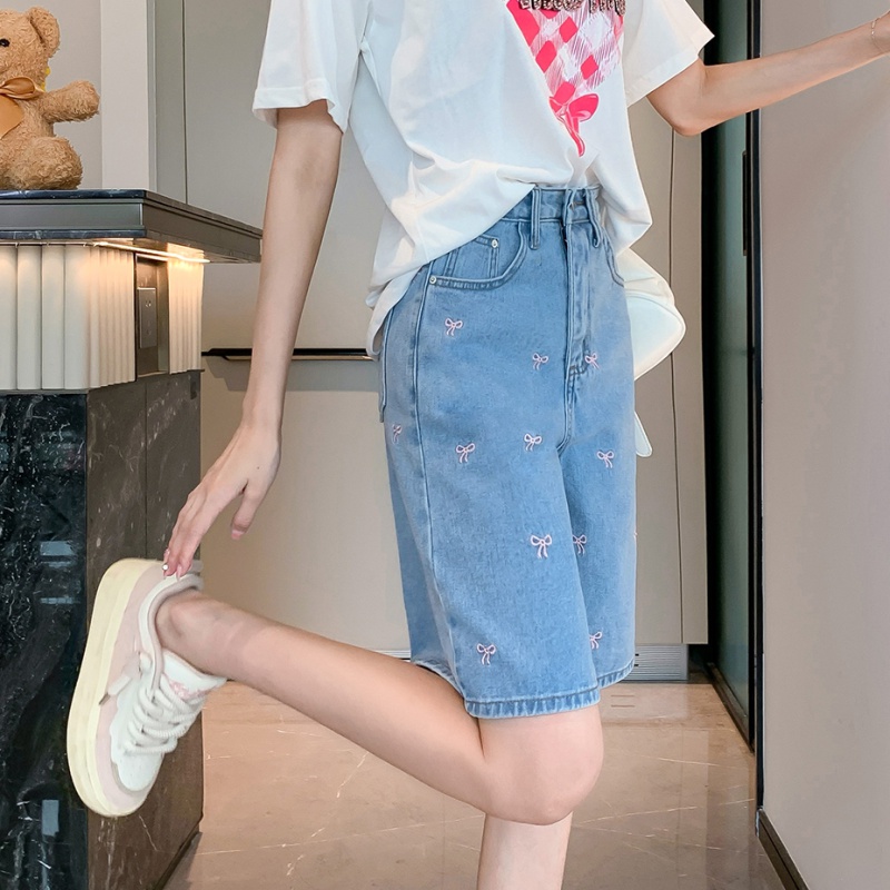 Denim embroidery mixed colors high waist shorts