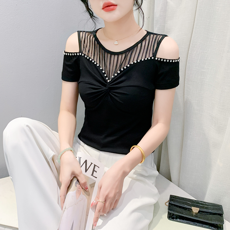 Rhinestone T-shirt strapless small shirt for women