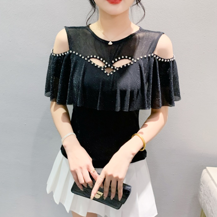 Gauze rhinestone tops strapless summer T-shirt for women