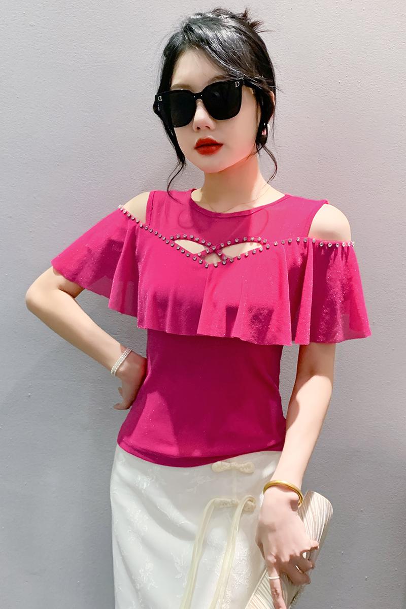 Gauze rhinestone tops strapless summer T-shirt for women