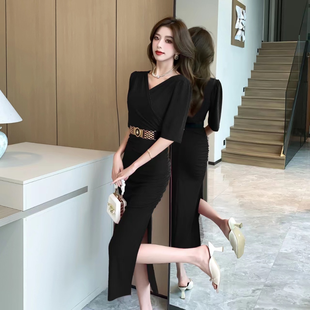 Elasticity liangsi summer long dress split V-neck dress