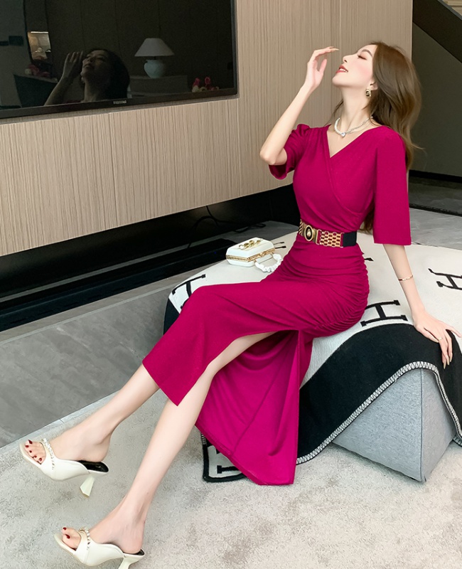 Elasticity liangsi summer long dress split V-neck dress