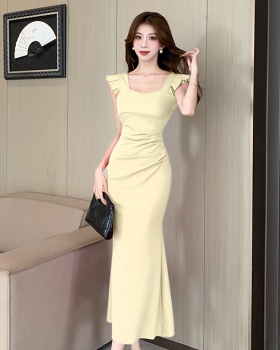 Pleated package hip dress summer square collar long dress