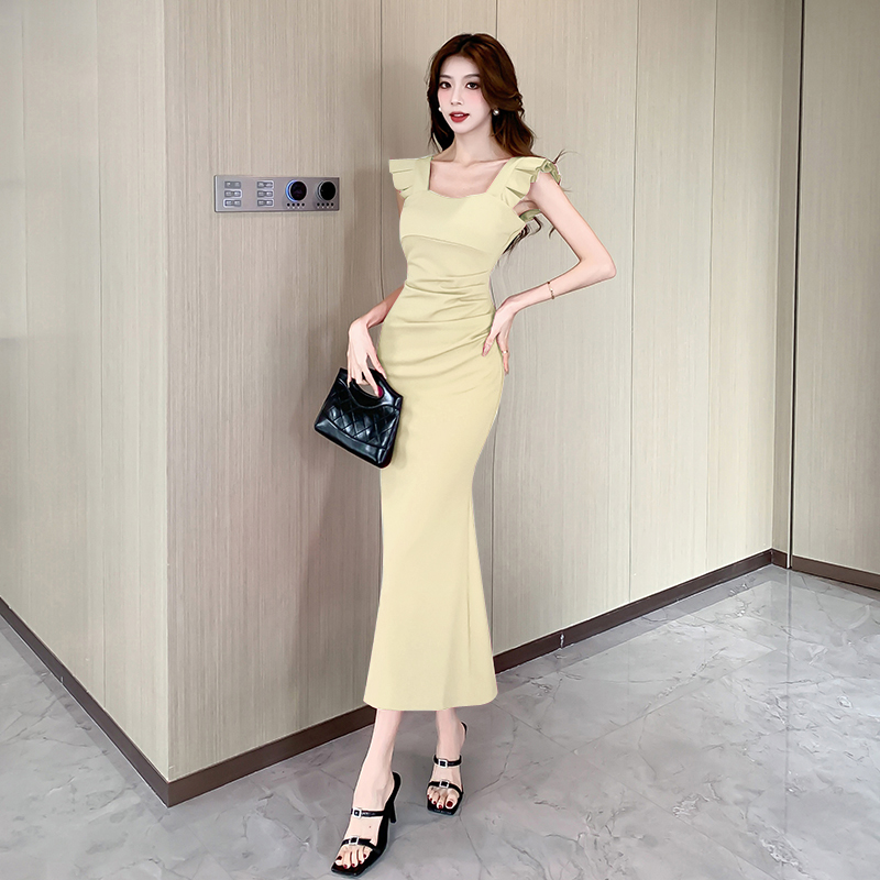 Pleated package hip dress summer square collar long dress