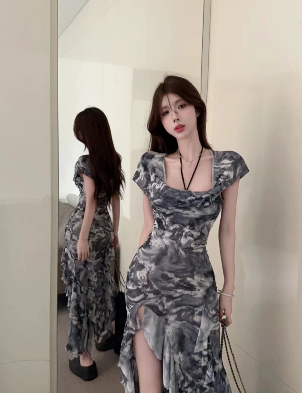 Long irregular sleeveless hooded printing dress for women