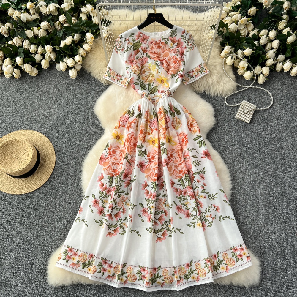 Retro printing France style pinched waist dress for women