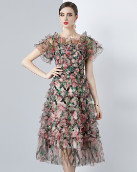 High waist temperament long floral gauze France style dress
