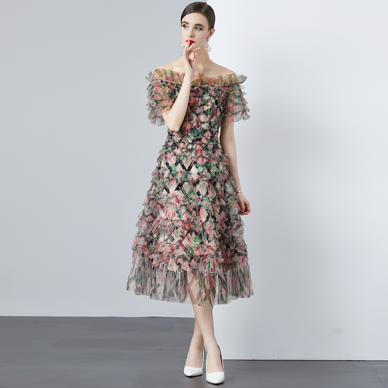 High waist temperament long floral gauze France style dress