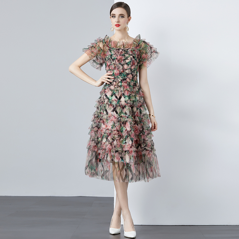 High waist temperament long floral gauze France style dress