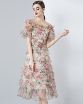 Gauze France style floral high waist long dress