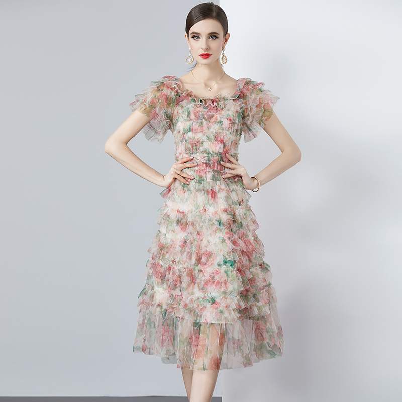 Gauze France style floral high waist long dress