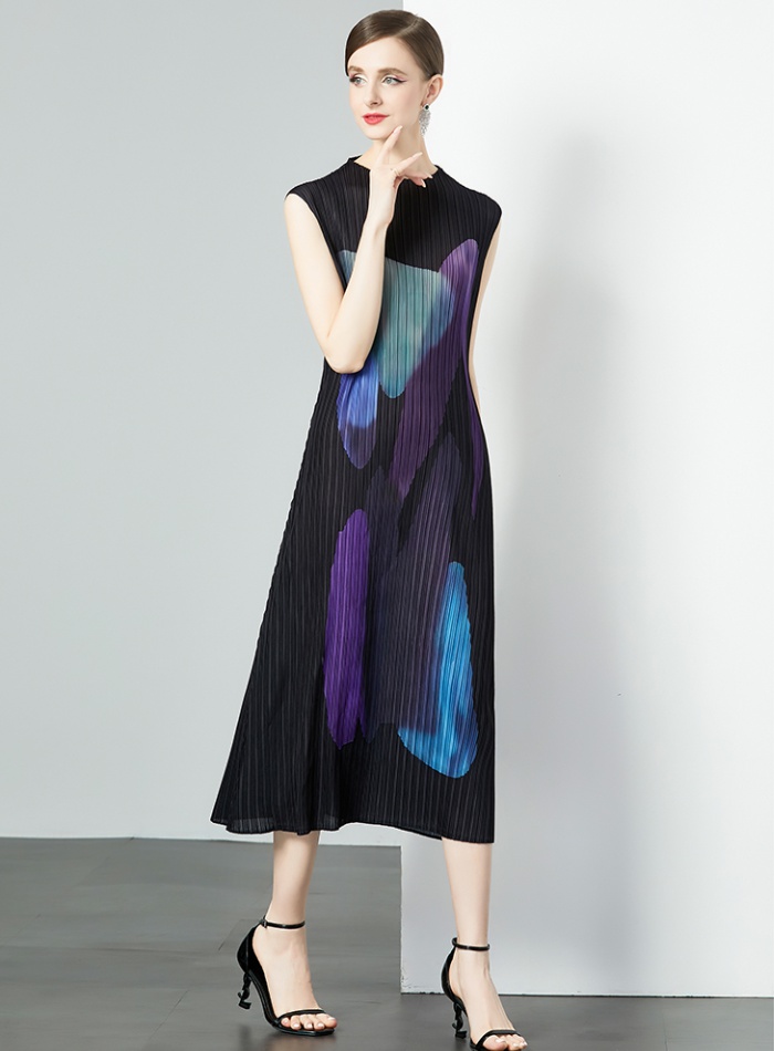 Art printing round neck Pleats Please straight dress