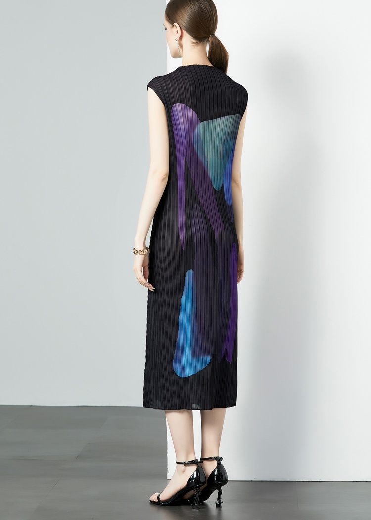 Art printing round neck Pleats Please straight dress