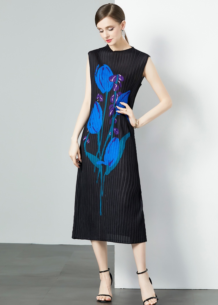 Straight niche printing art Pleats Please round neck dress