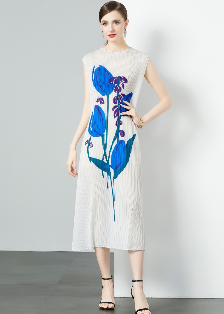 Straight niche printing art Pleats Please round neck dress