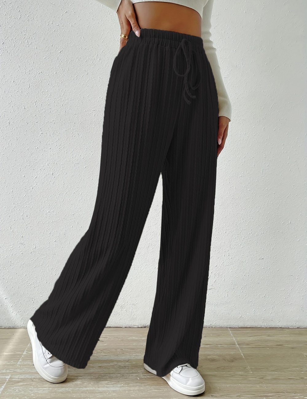 European style knitted pure elastic grain loose long pants