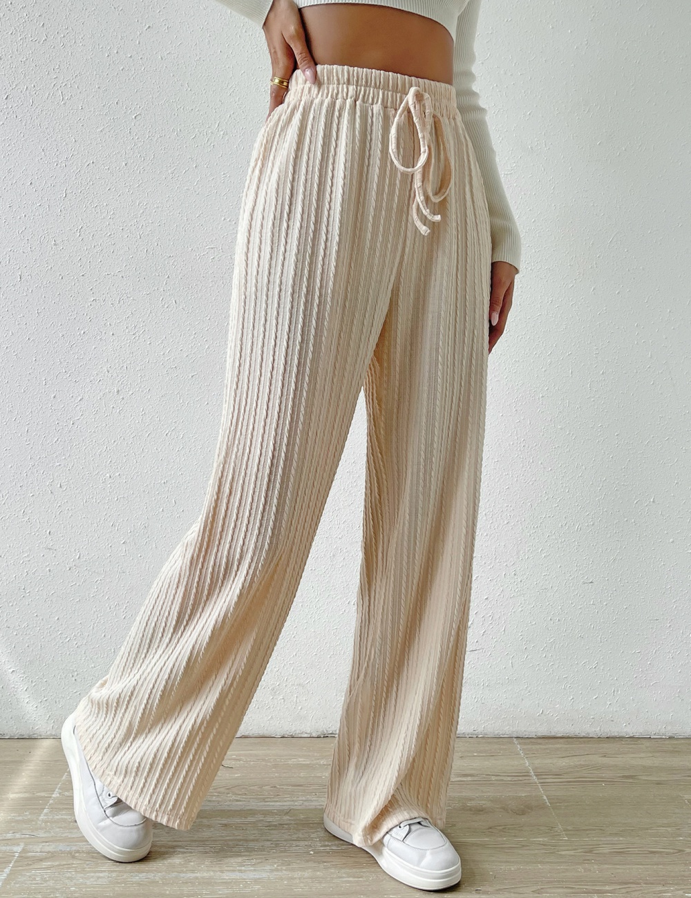 European style knitted pure elastic grain loose long pants