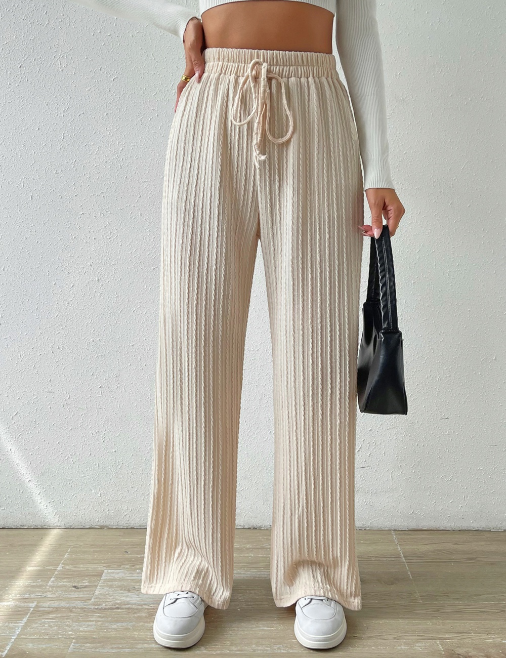 European style knitted pure elastic grain loose long pants