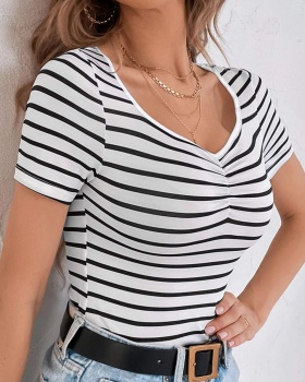 Bottoming elasticity tops stripe T-shirt for women