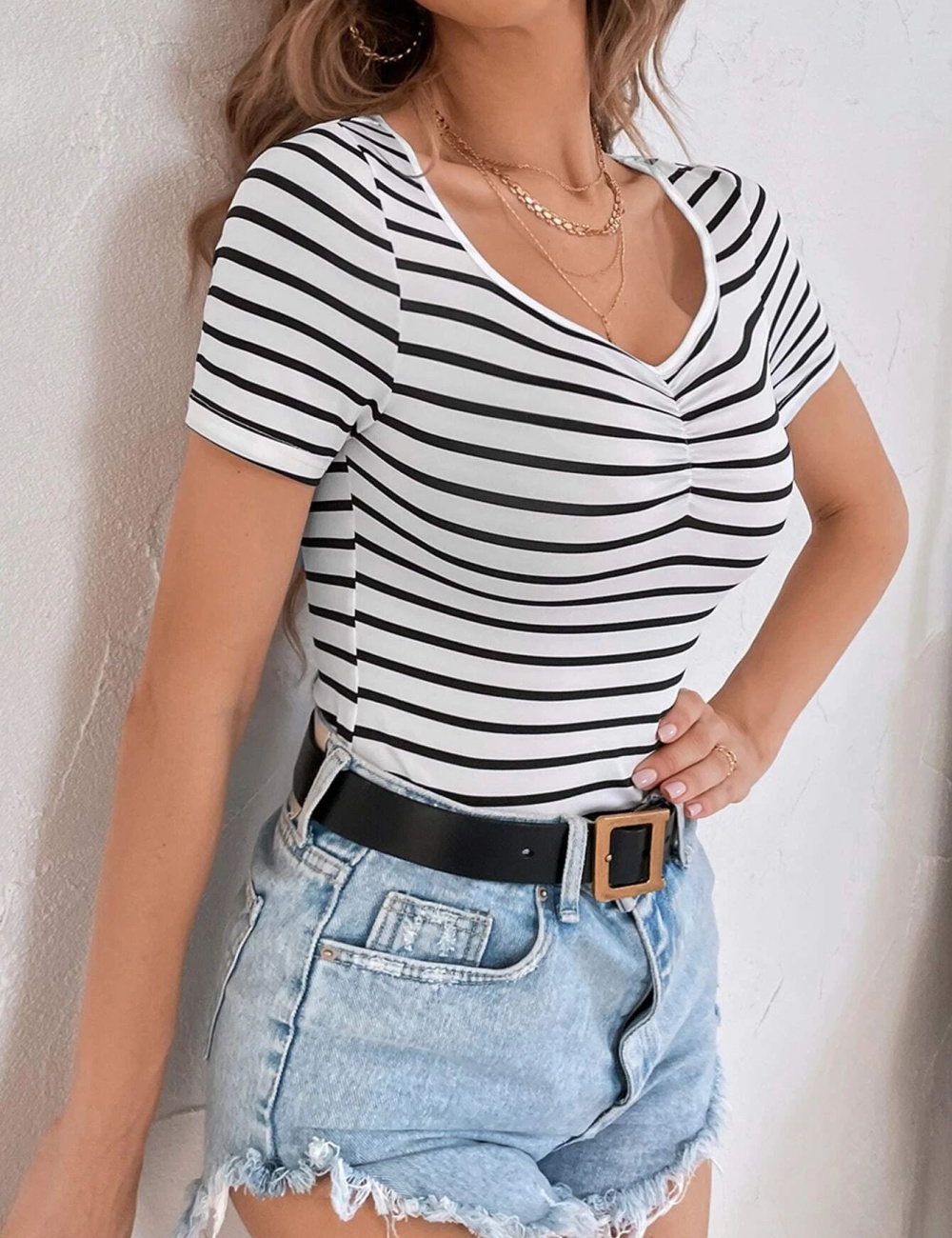 Bottoming elasticity tops stripe T-shirt for women