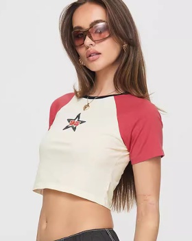European style T-shirt round neck tops for women
