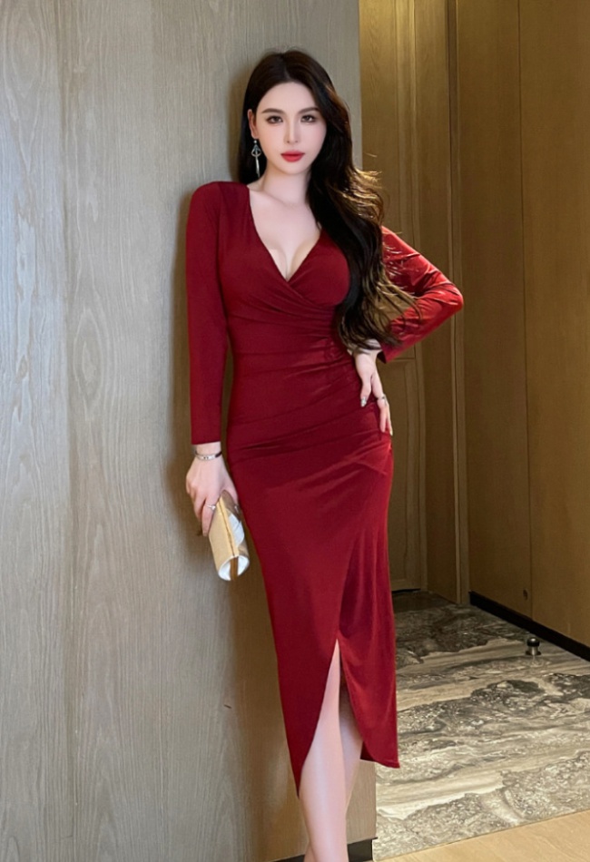 Night show temperament package hip long split low-cut slim dress