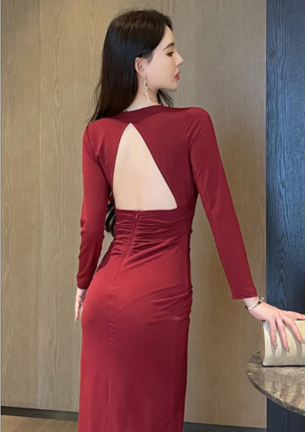 Night show temperament package hip long split low-cut slim dress