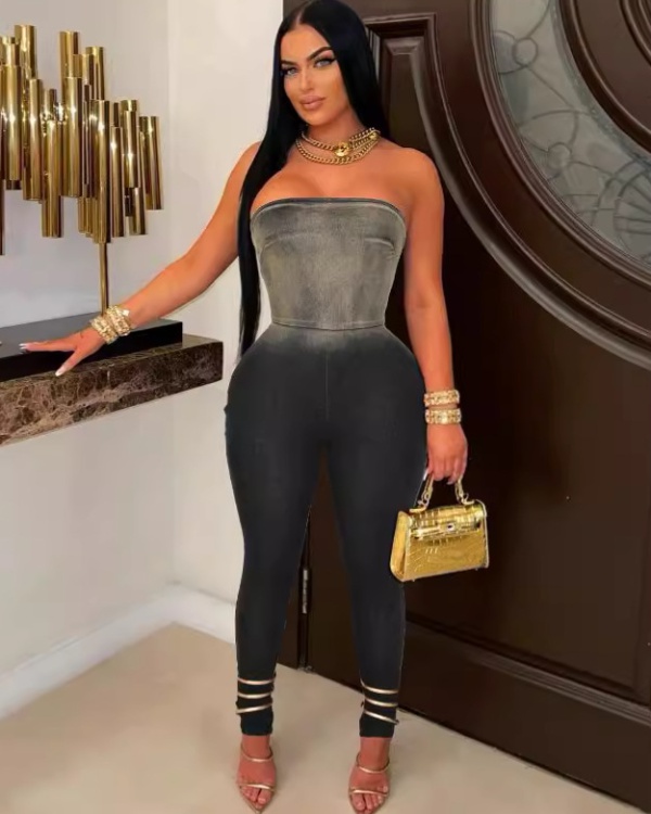 Tight gradient sexy denim jumpsuit for women