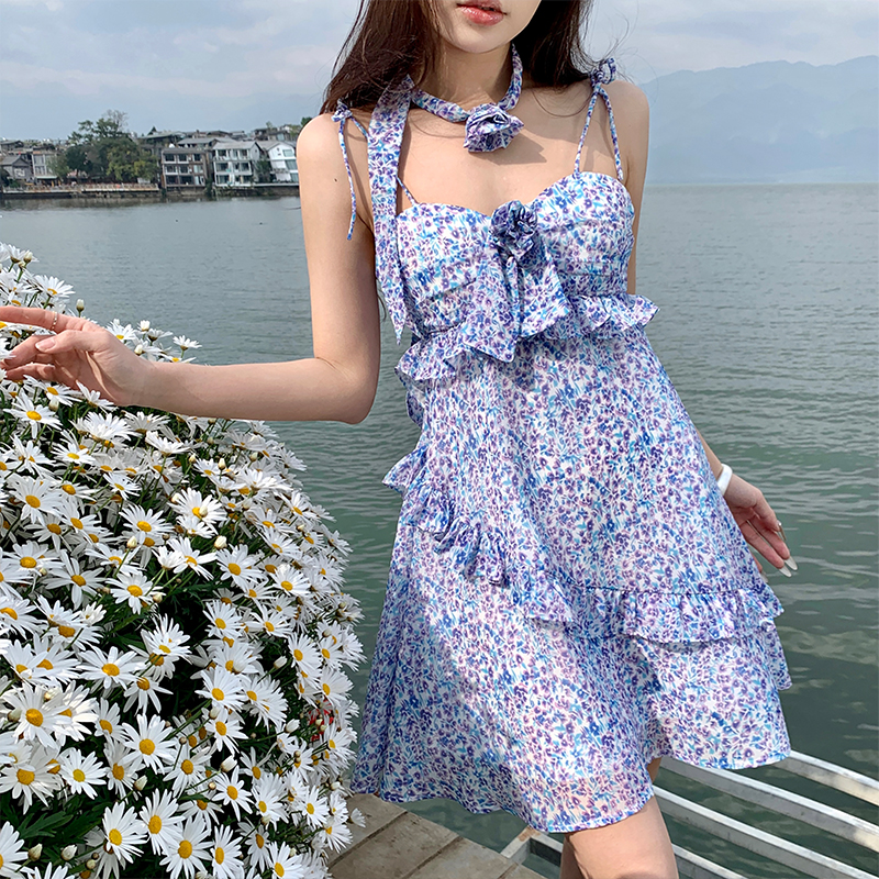 Seaside Casual beach dress lotus leaf edges sling dress