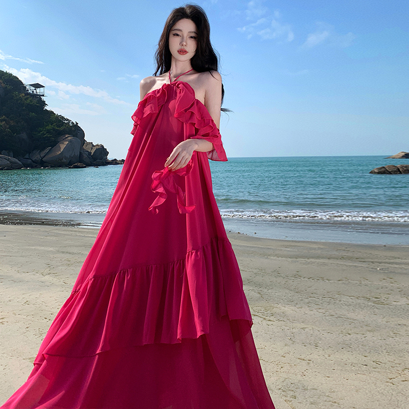 Sling rose-red summer halter dress
