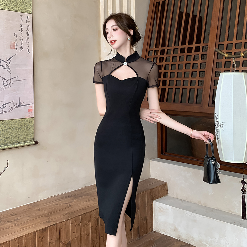 Hollow temperament long dress France style cheongsam