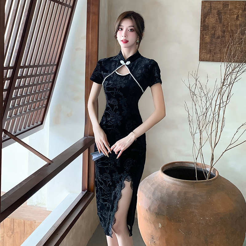 Spring light pinched waist cheongsam slim temperament dress