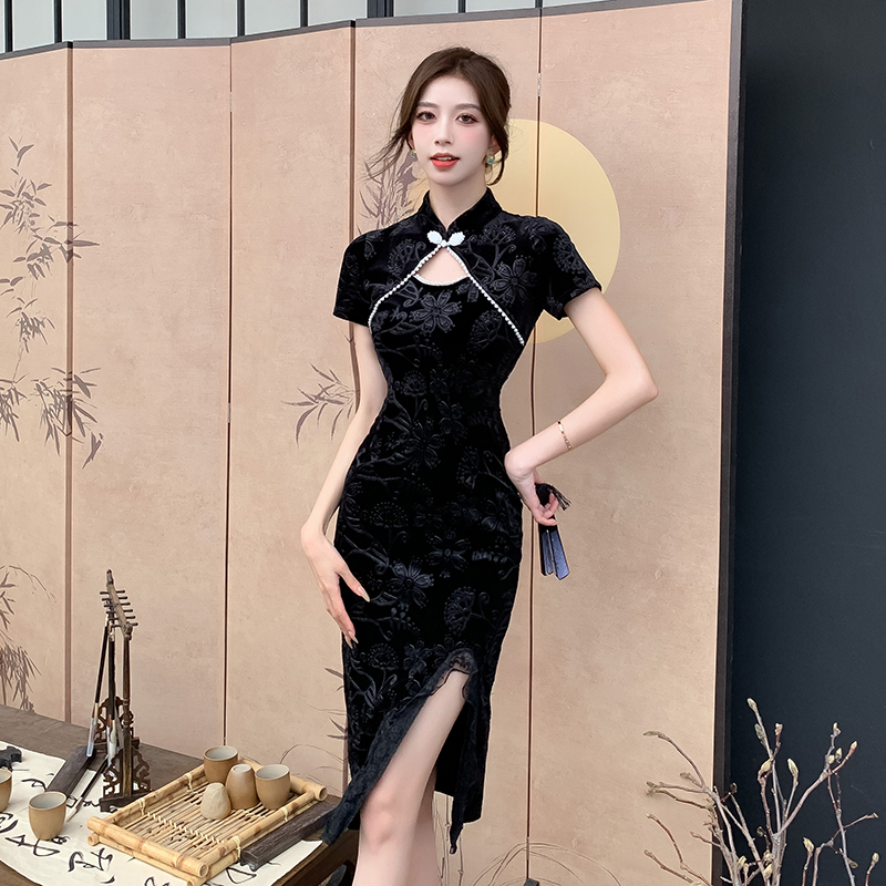 Spring light pinched waist cheongsam slim temperament dress