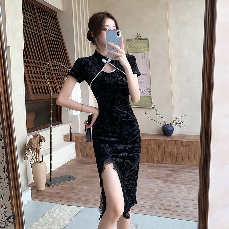 Spring light pinched waist cheongsam slim temperament dress