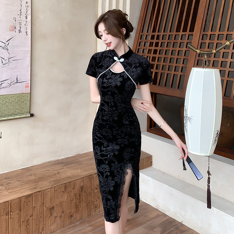 Spring light pinched waist cheongsam slim temperament dress