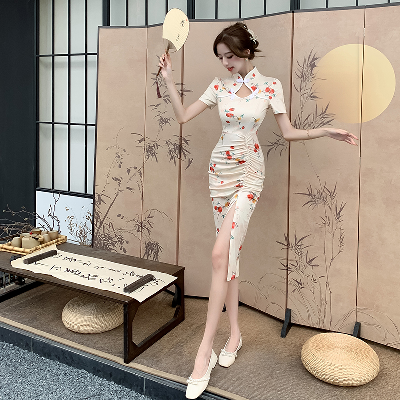 Chinese style maiden cheongsam hollow pinched waist dress