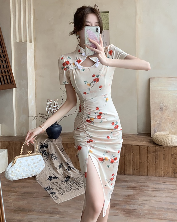 Chinese style maiden cheongsam hollow pinched waist dress