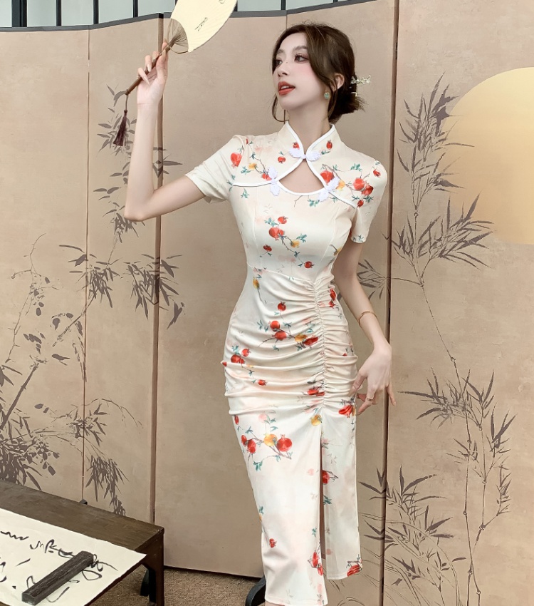 Chinese style maiden cheongsam hollow pinched waist dress