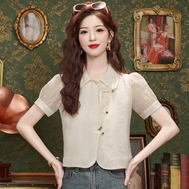 Chinese style short sleeve tops chiffon shirt for women