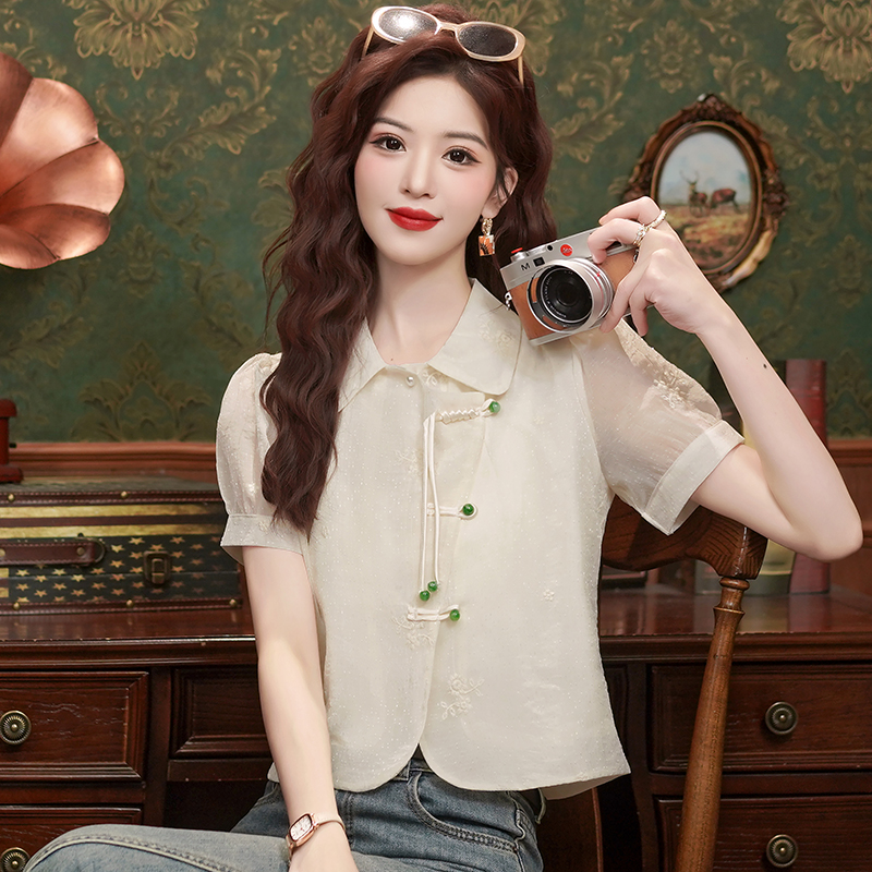 Chinese style short sleeve tops chiffon shirt for women