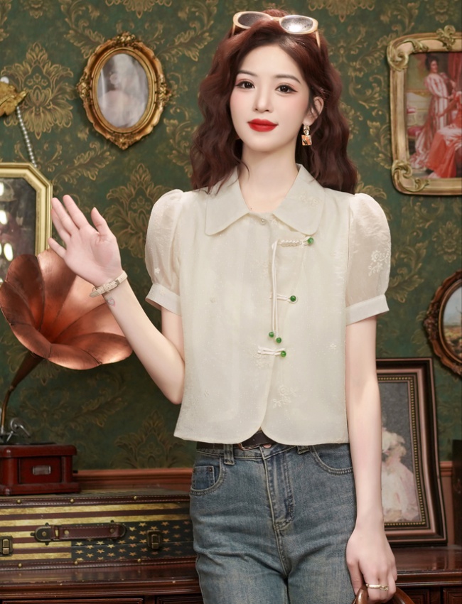 Chinese style short sleeve tops chiffon shirt for women