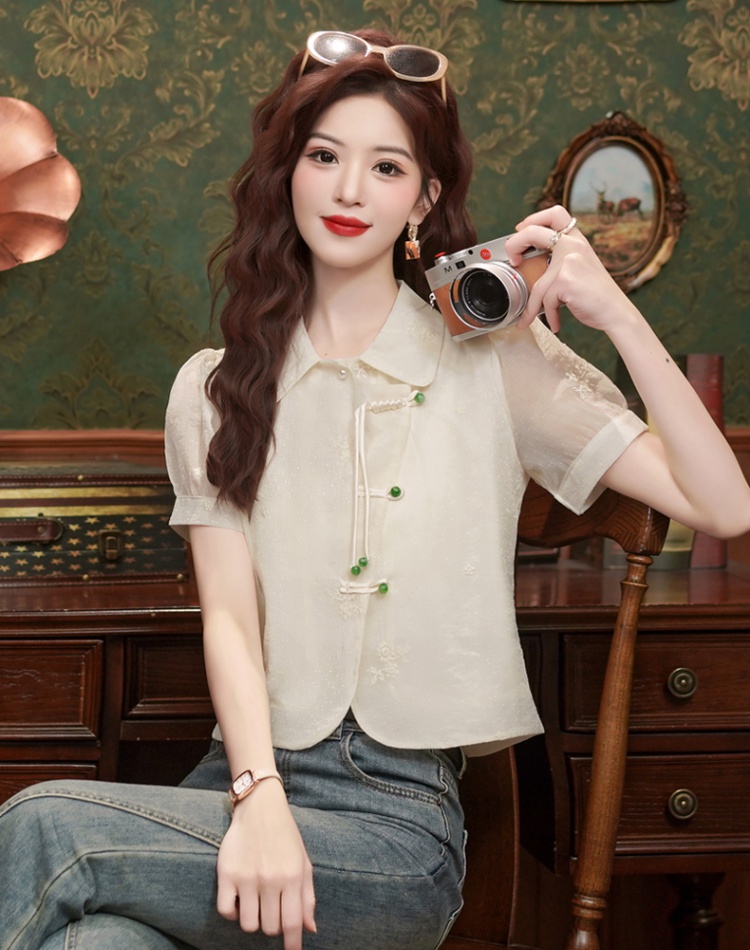 Chinese style short sleeve tops chiffon shirt for women