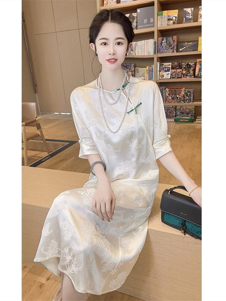 Satin niche dress real silk retro cheongsam