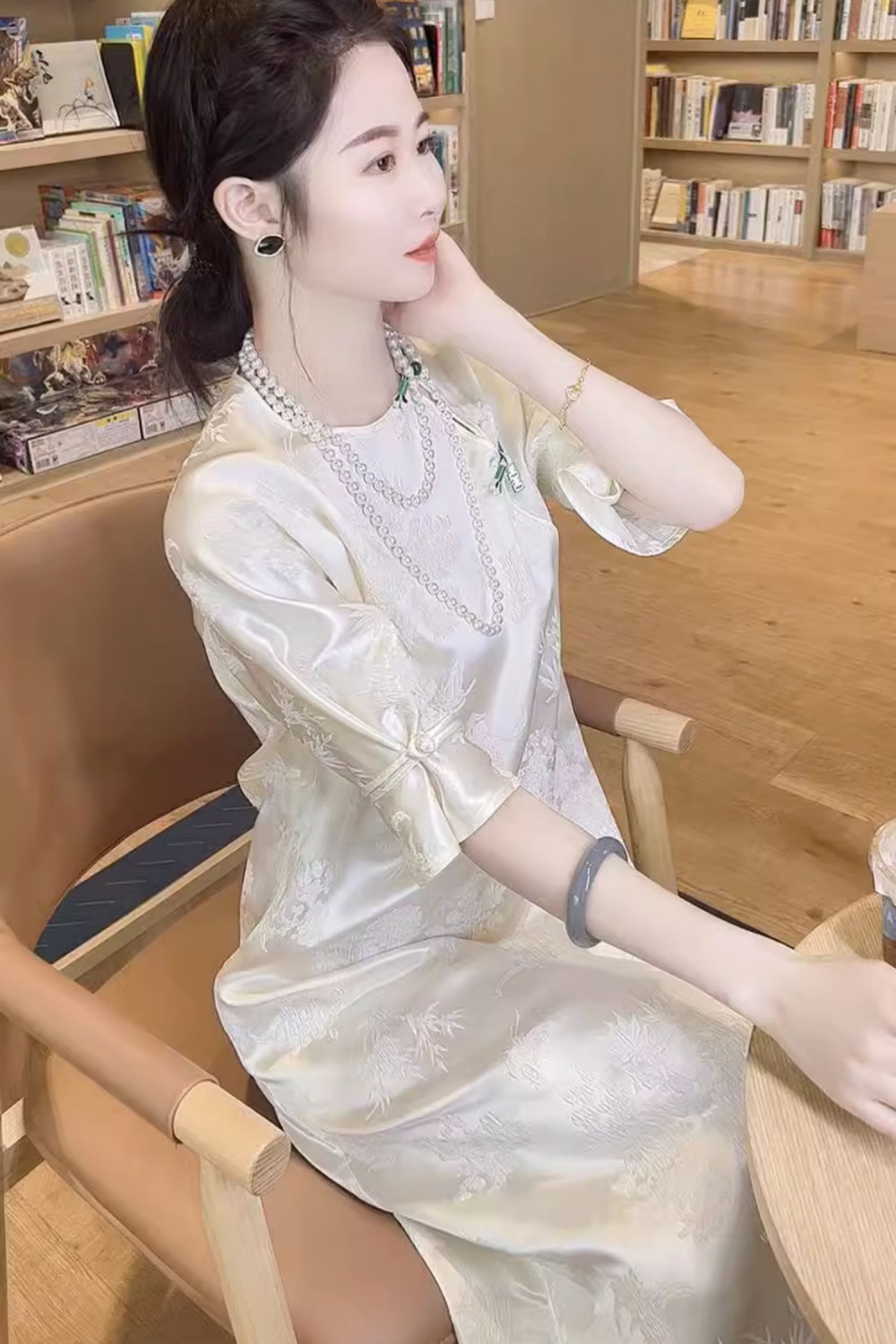Satin niche dress real silk retro cheongsam