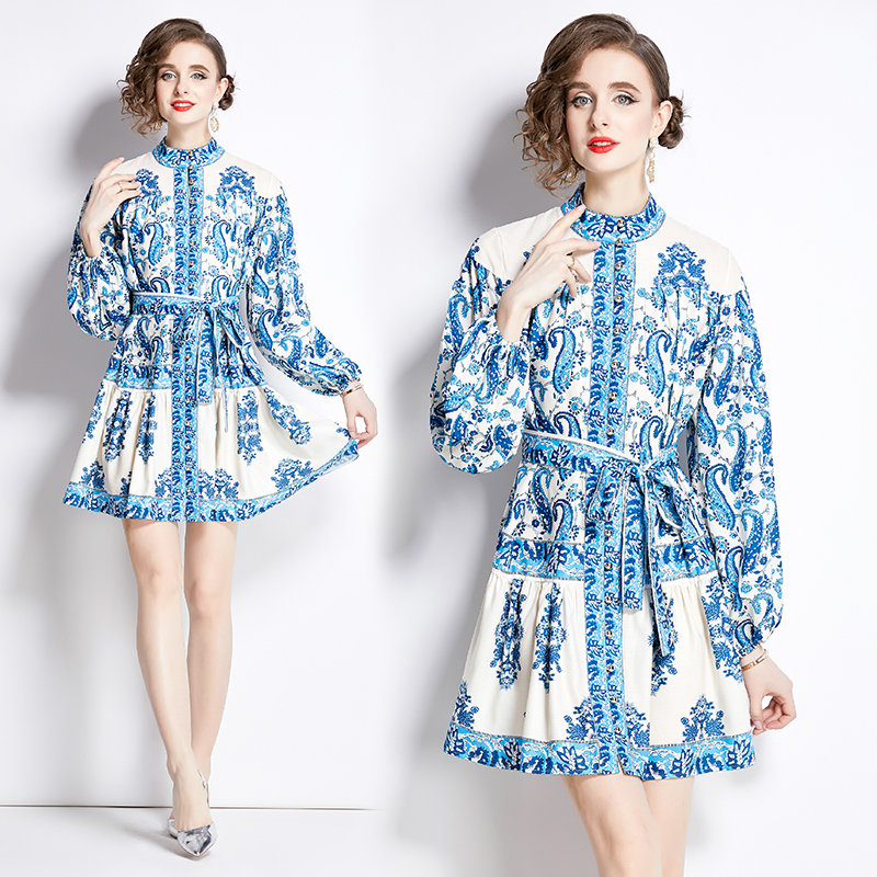 Long sleeve printing short spring dress