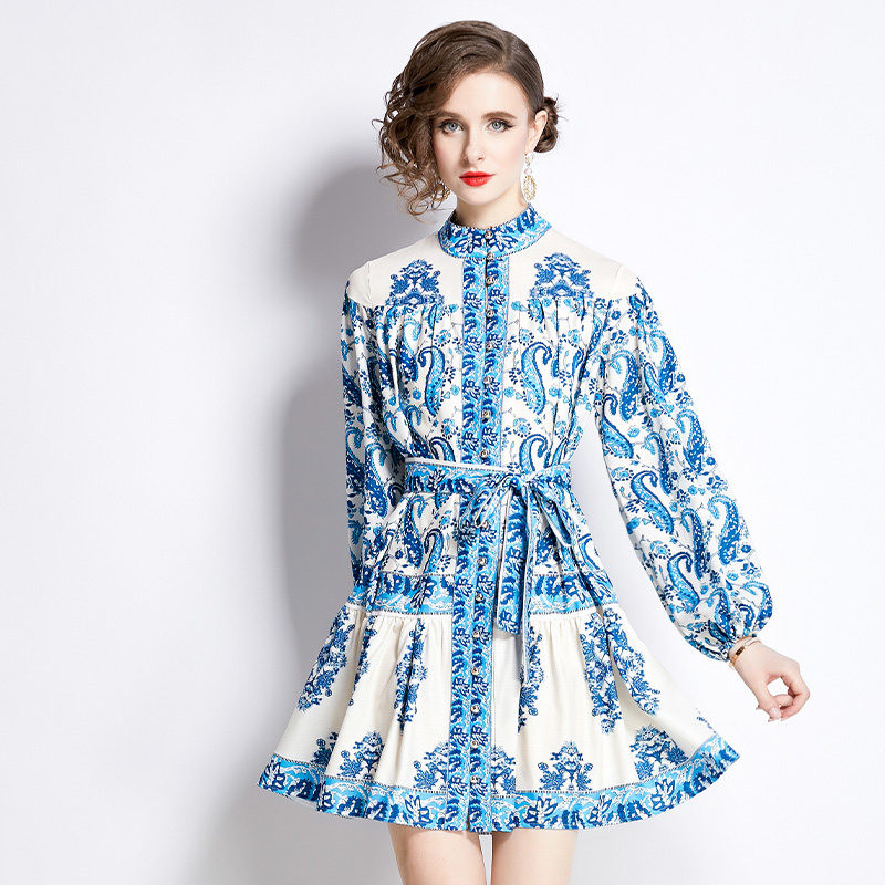 Long sleeve printing short spring dress