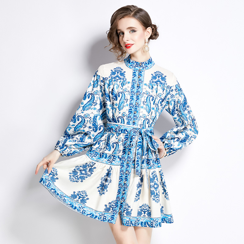 Long sleeve printing short spring dress