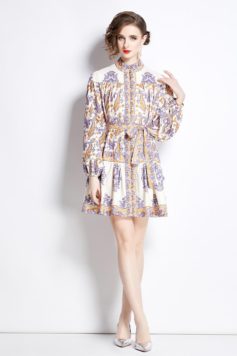 Short long sleeve spring printing temperament dress