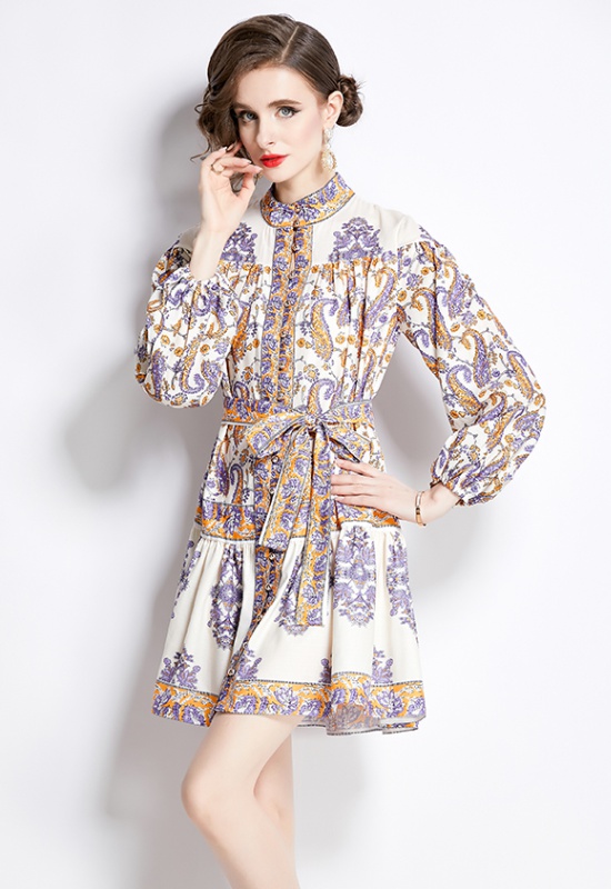 Short long sleeve spring printing temperament dress