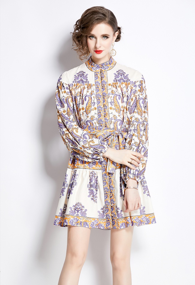 Short long sleeve spring printing temperament dress